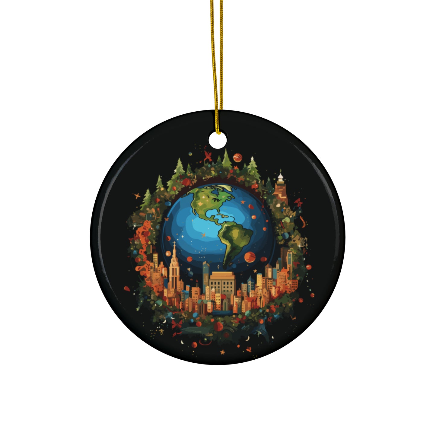 Earth in Christmas decorations and a big Christmas tree, Black Ceramic Ornaments (1pc, 3pcs, 5pcs, 10pcs)