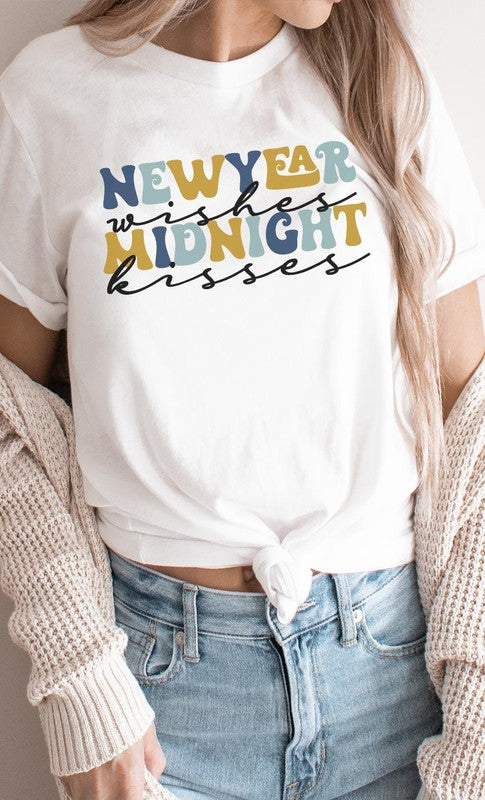 New Year Wishes Midnight Kisses Cursive PLUS Tee