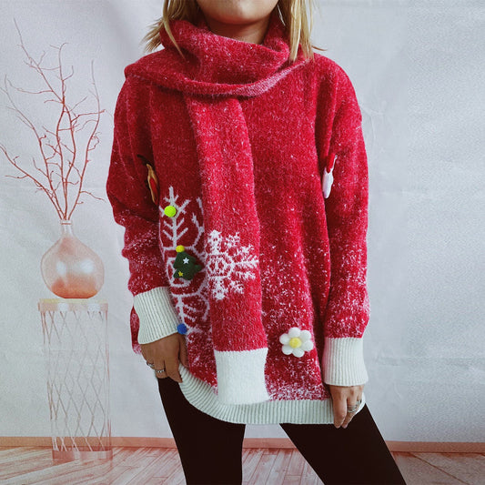 Women's Round Neck Long Sleeve Snowflake Three-dimensional Decoration Christmas Sweater