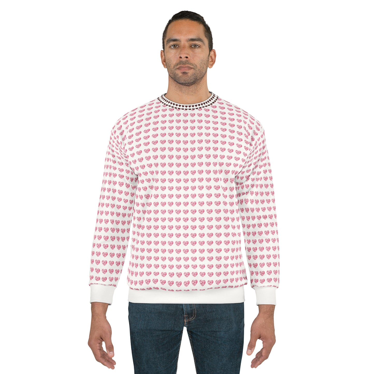 Valentine's Day best gift, red and black check heart shape design White Unisex Sweatshirt (AOP)