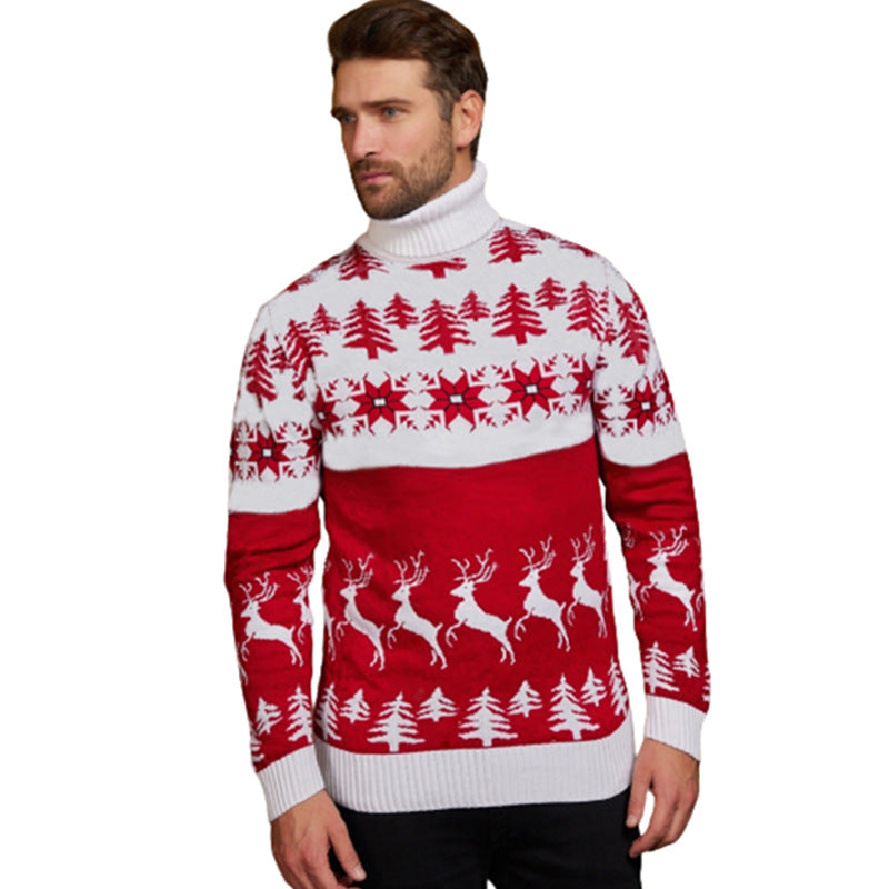 High Neck Christmas Theme Jacquard Couple Sweater Top