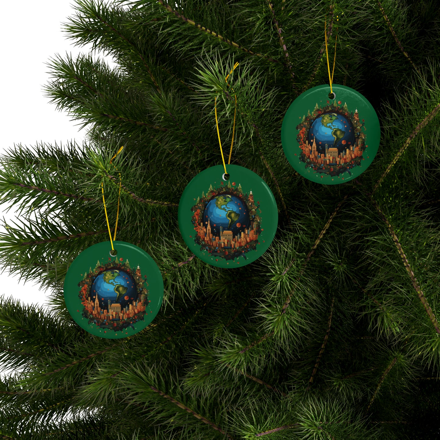 Earth in Christmas decorations and a big Christmas tree, dark green Ceramic Ornaments (1pc, 3pcs, 5pcs, 10pcs)