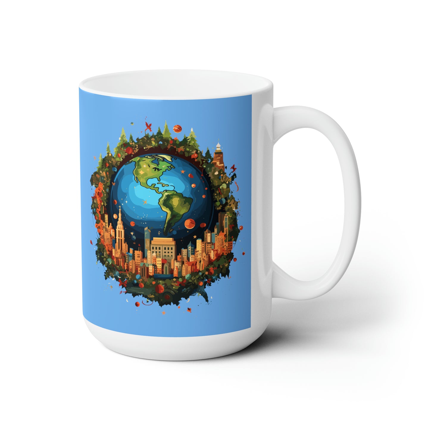 Earth in Christmas decorations and a big Christmas tree, light blue Ceramic Mug 15oz