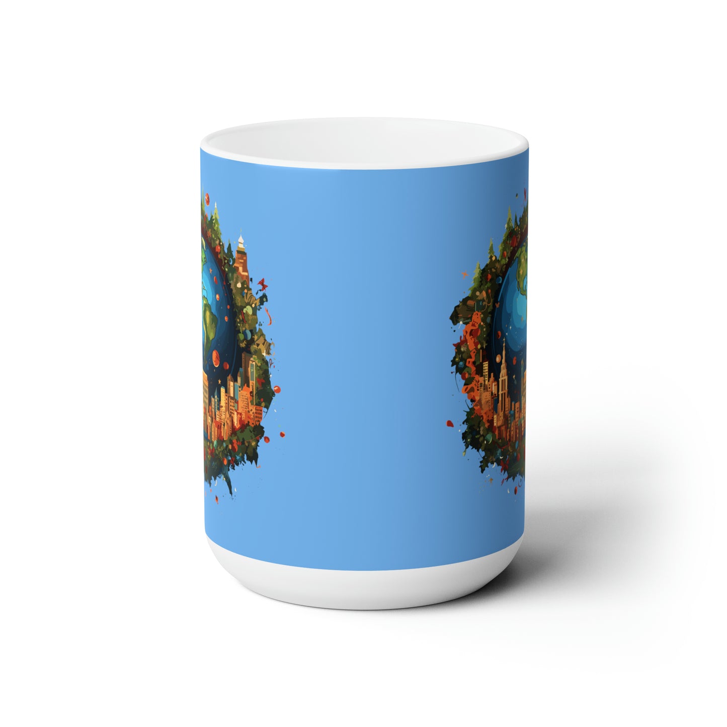 Earth in Christmas decorations and a big Christmas tree, light blue Ceramic Mug 15oz