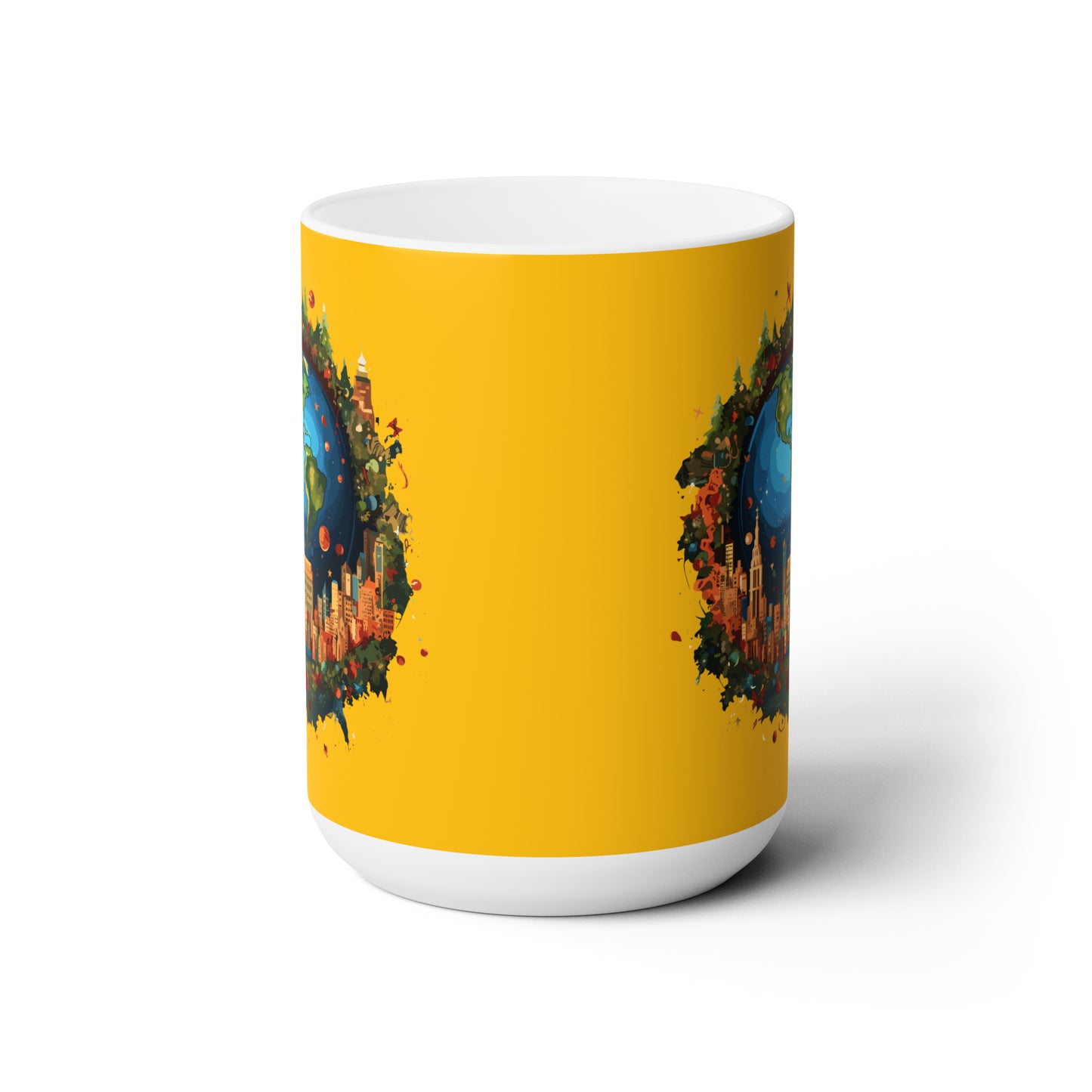 Earth in Christmas decorations and a big Christmas tree, yellow Ceramic Mug 15oz