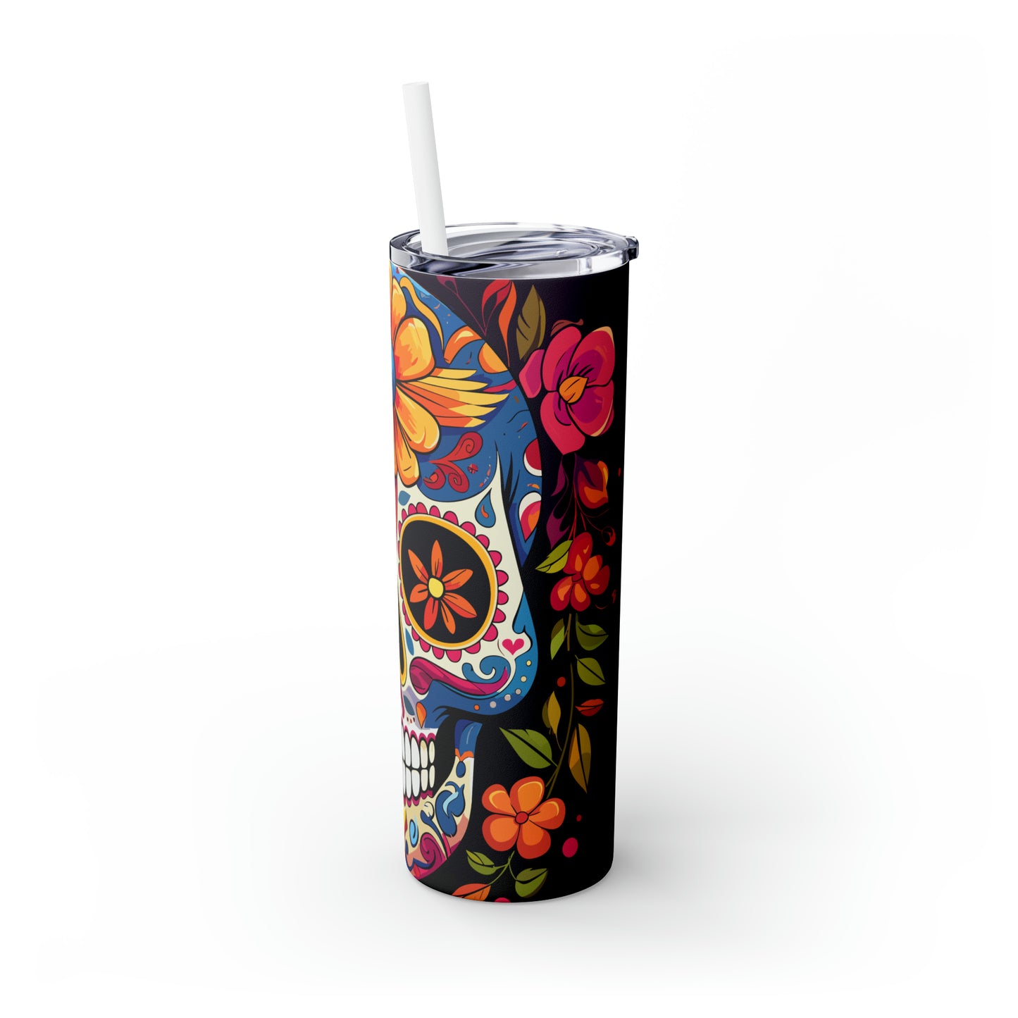 Halloween Skinny Tumbler with Straw 20oz - Spooky Drinkware - Skull Theme - BPA-Free, Reusable Cup, Halloween Tumbler, Halloween Gift