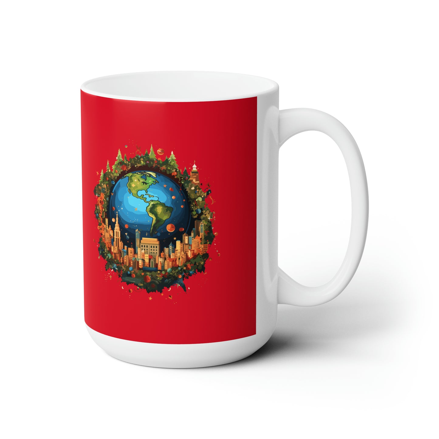 Earth in Christmas decorations and a big Christmas tree, dark red Ceramic Mug 15oz