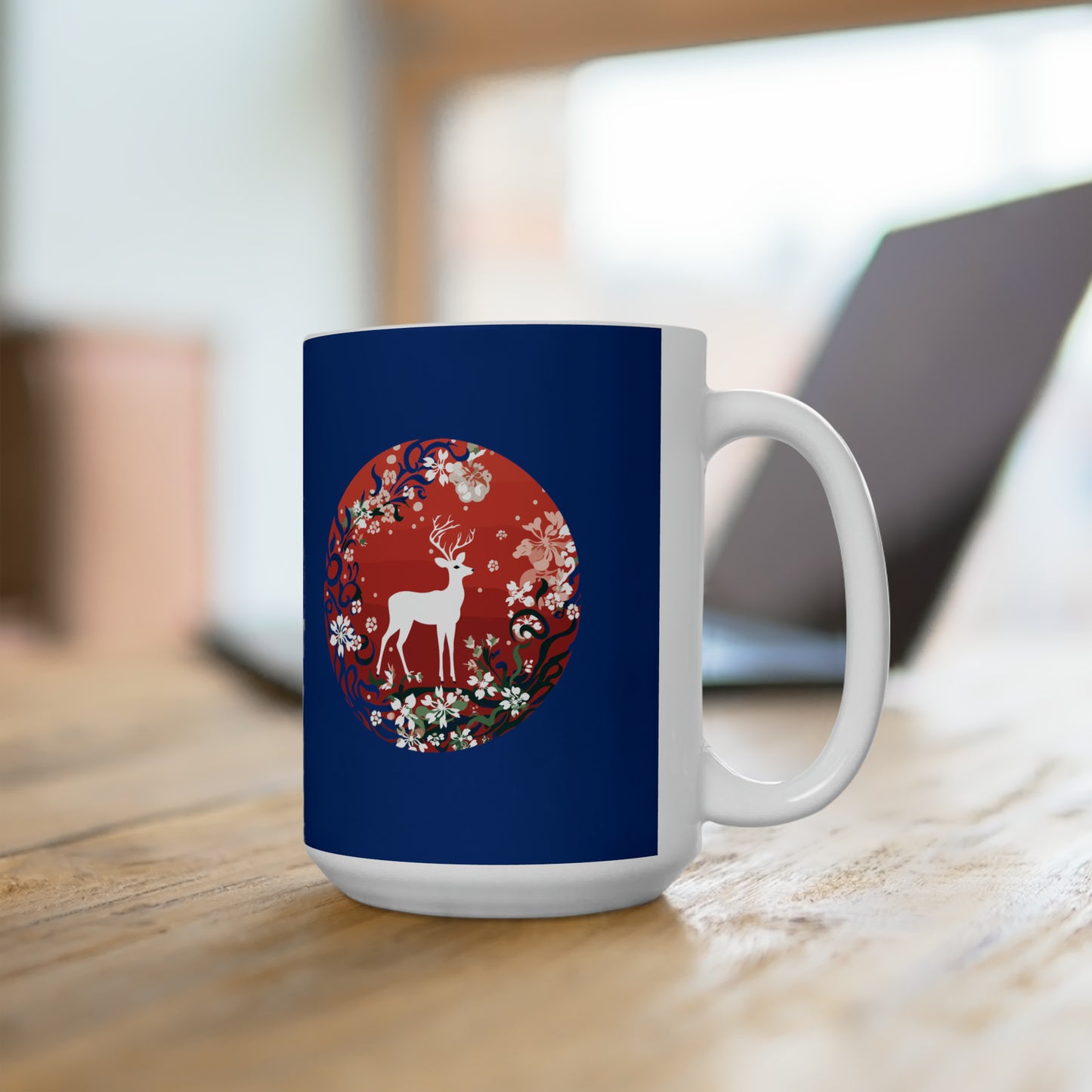 Holly Jolly reindeer in flourish mood, dark blue Christmas Ceramic Mug 15oz