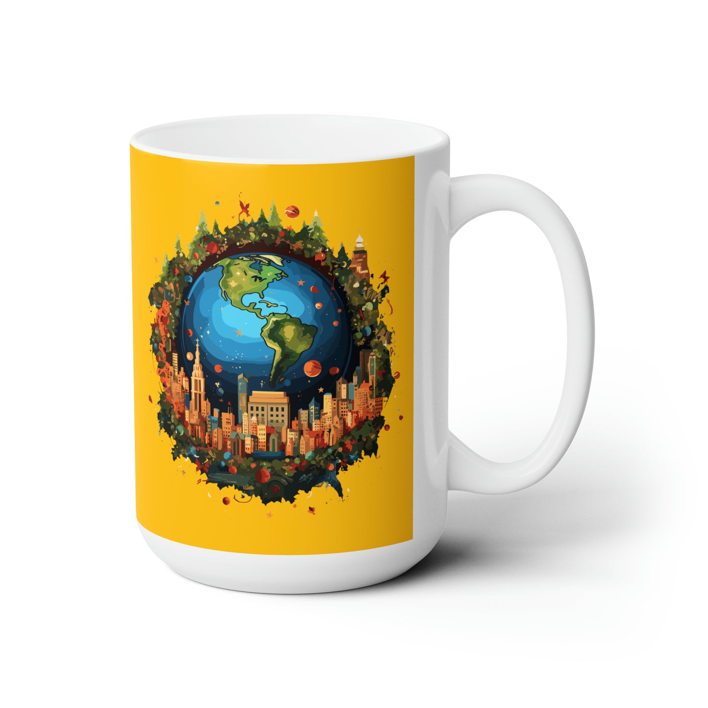 Earth in Christmas decorations and a big Christmas tree, yellow Ceramic Mug 15oz