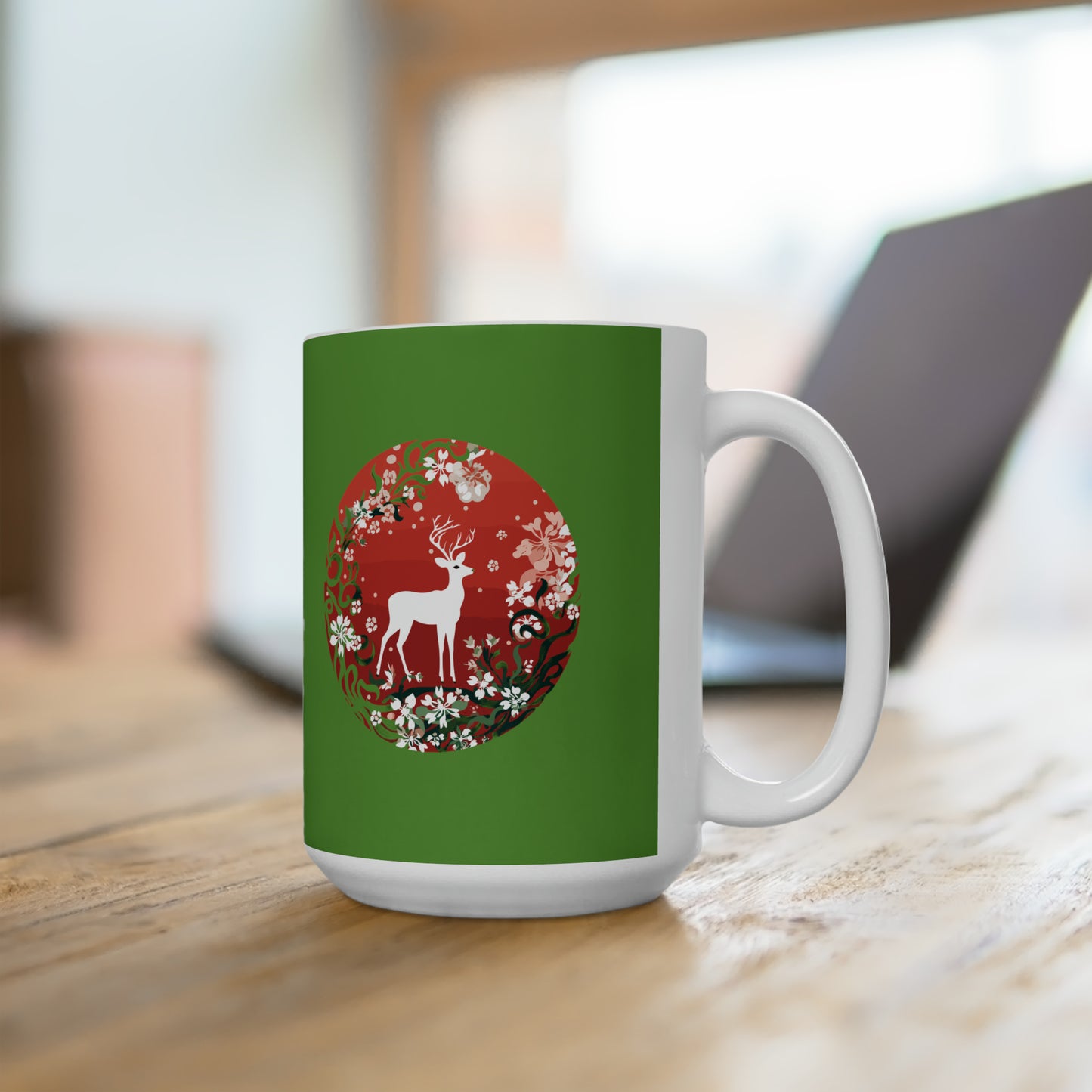 Holly Jolly reindeer in flourish mood, green Christmas Ceramic Mug 15oz