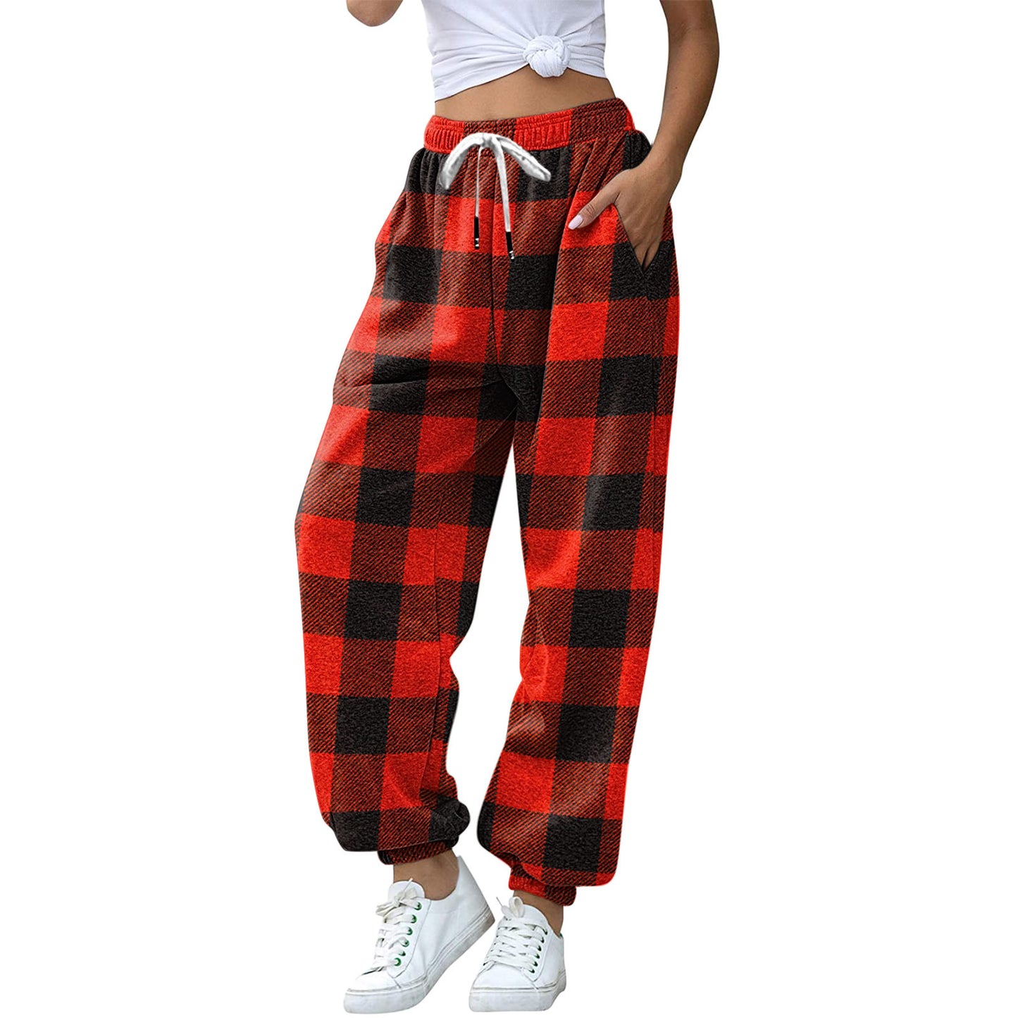 Christmas fleece plaid print pleated volley sweater pants