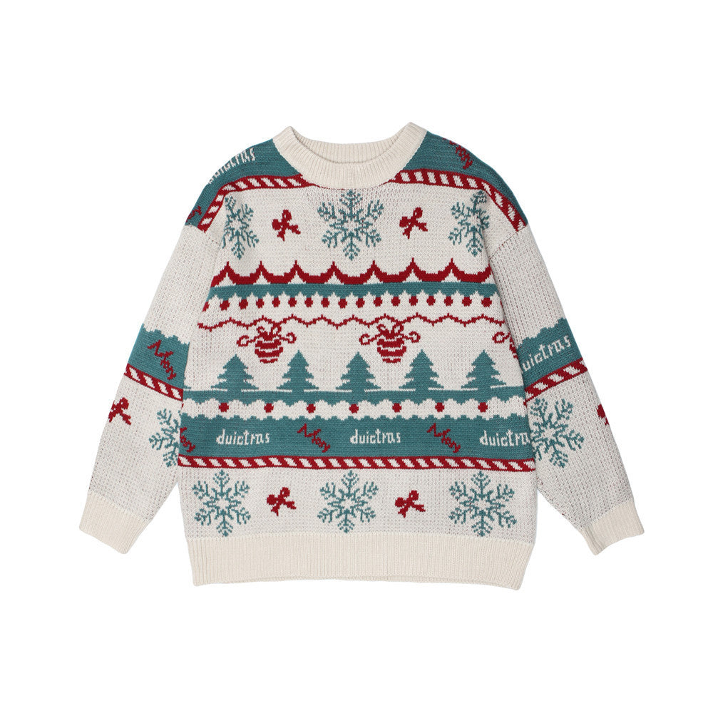 Christmas Theme Round Neck Sweater Men's Snowflake Jacquard Loose