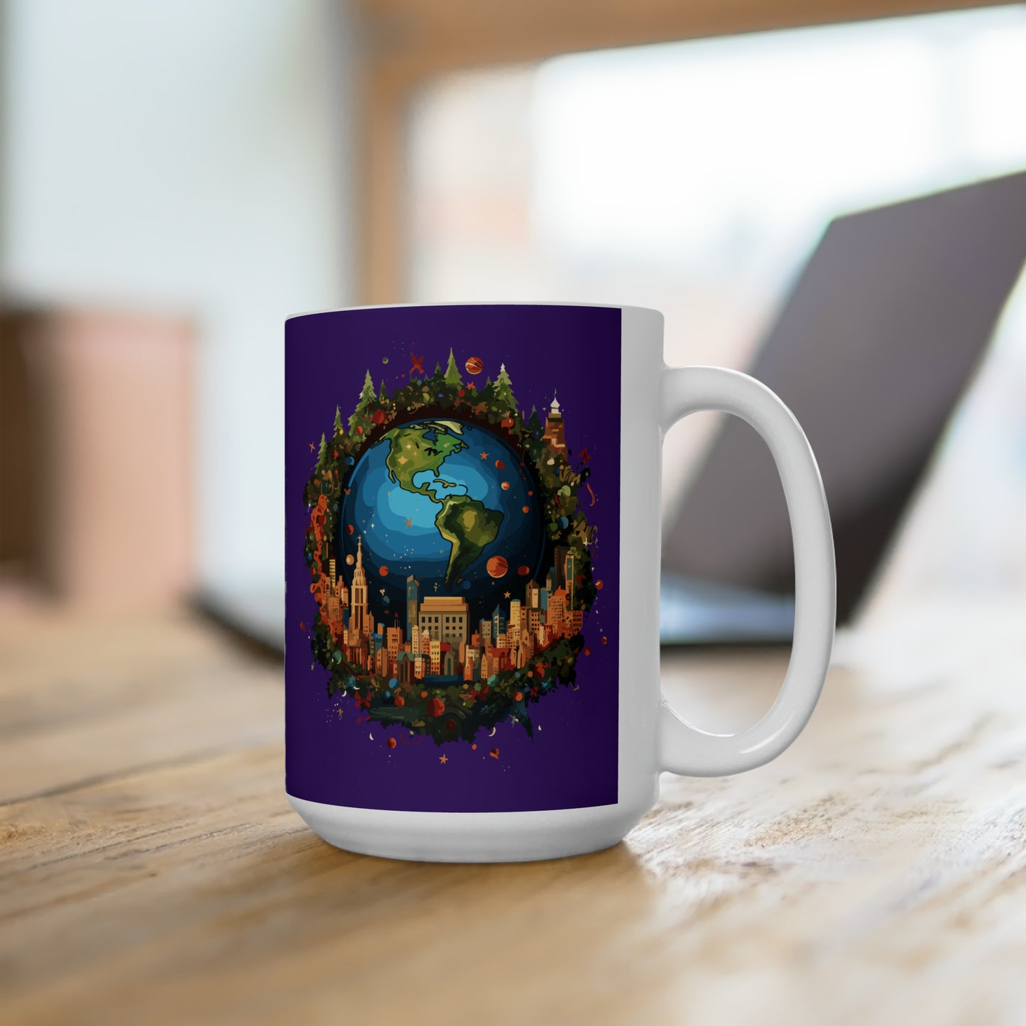 Earth in Christmas decorations and a big Christmas tree, Purple Ceramic Mug 15oz