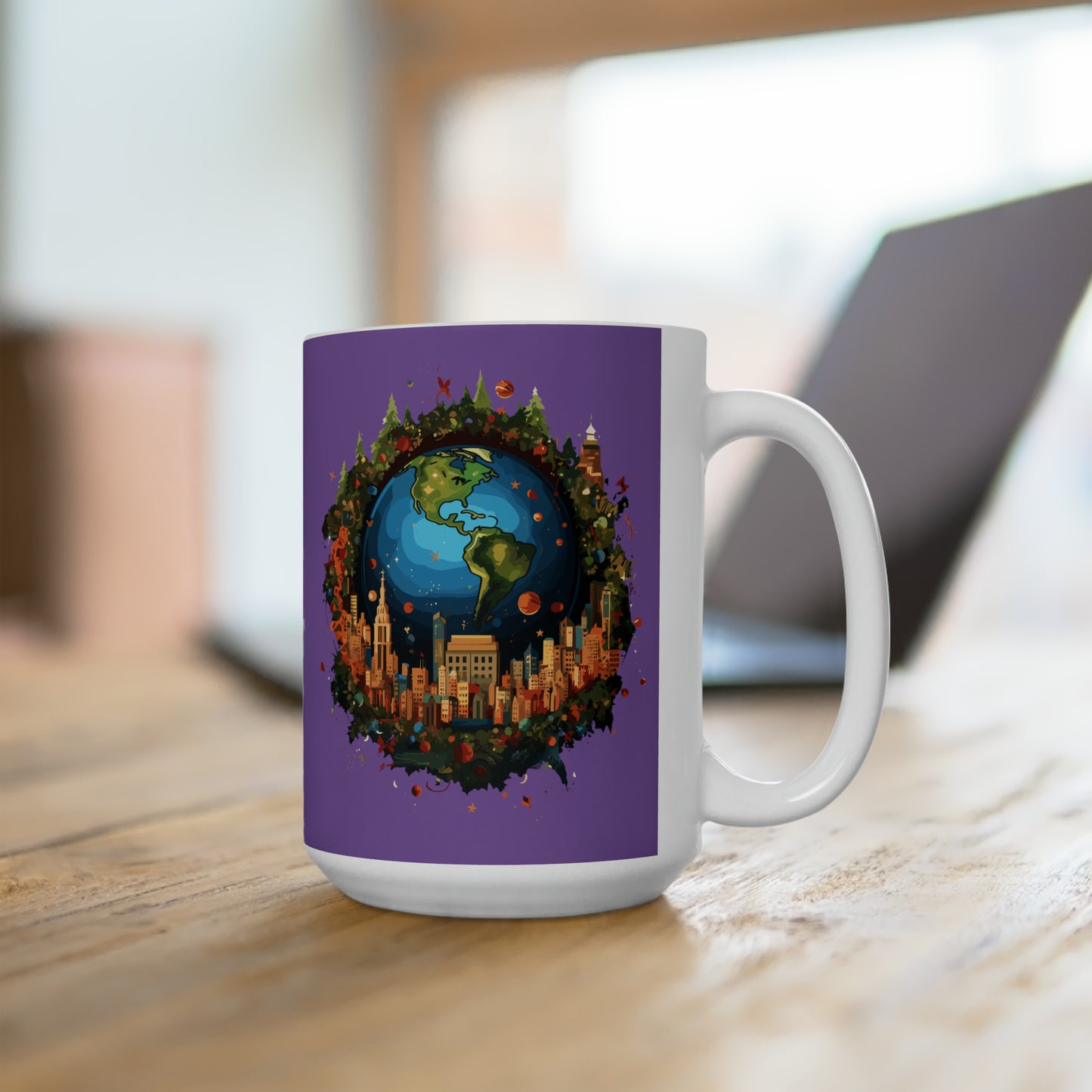 Earth in Christmas decorations and a big Christmas tree, purple Ceramic Mug 15oz