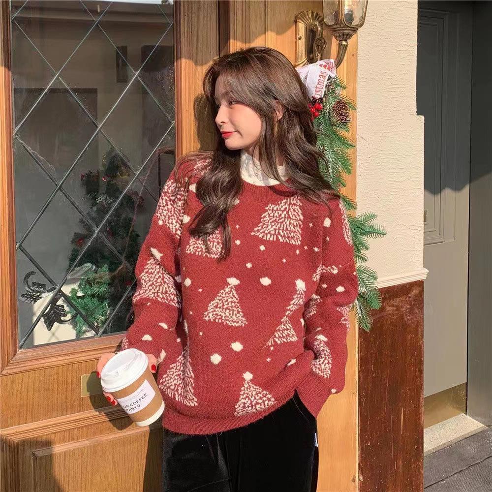 Red Christmas Tree Jacquard Warm Sweater Women