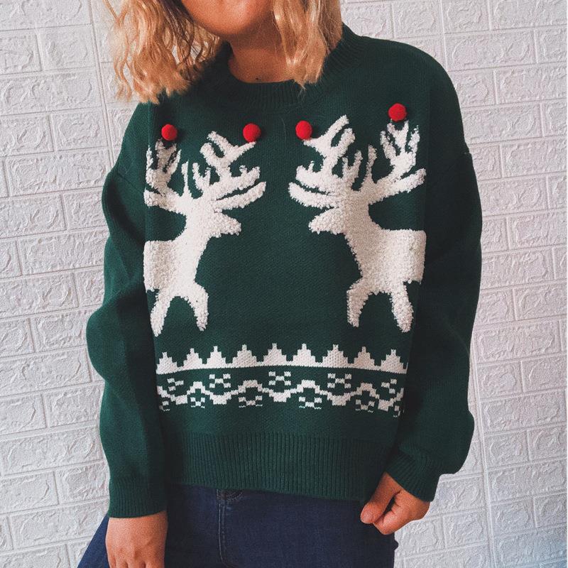 Women's Elk Christmas Sweater Round Neck Long Sleeve Knitted Pullover