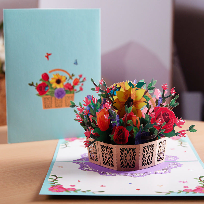 Flower Basket 3D Three-dimensional Greeting Card Handmade Paper Carved Holiday Thanks Blessing Card