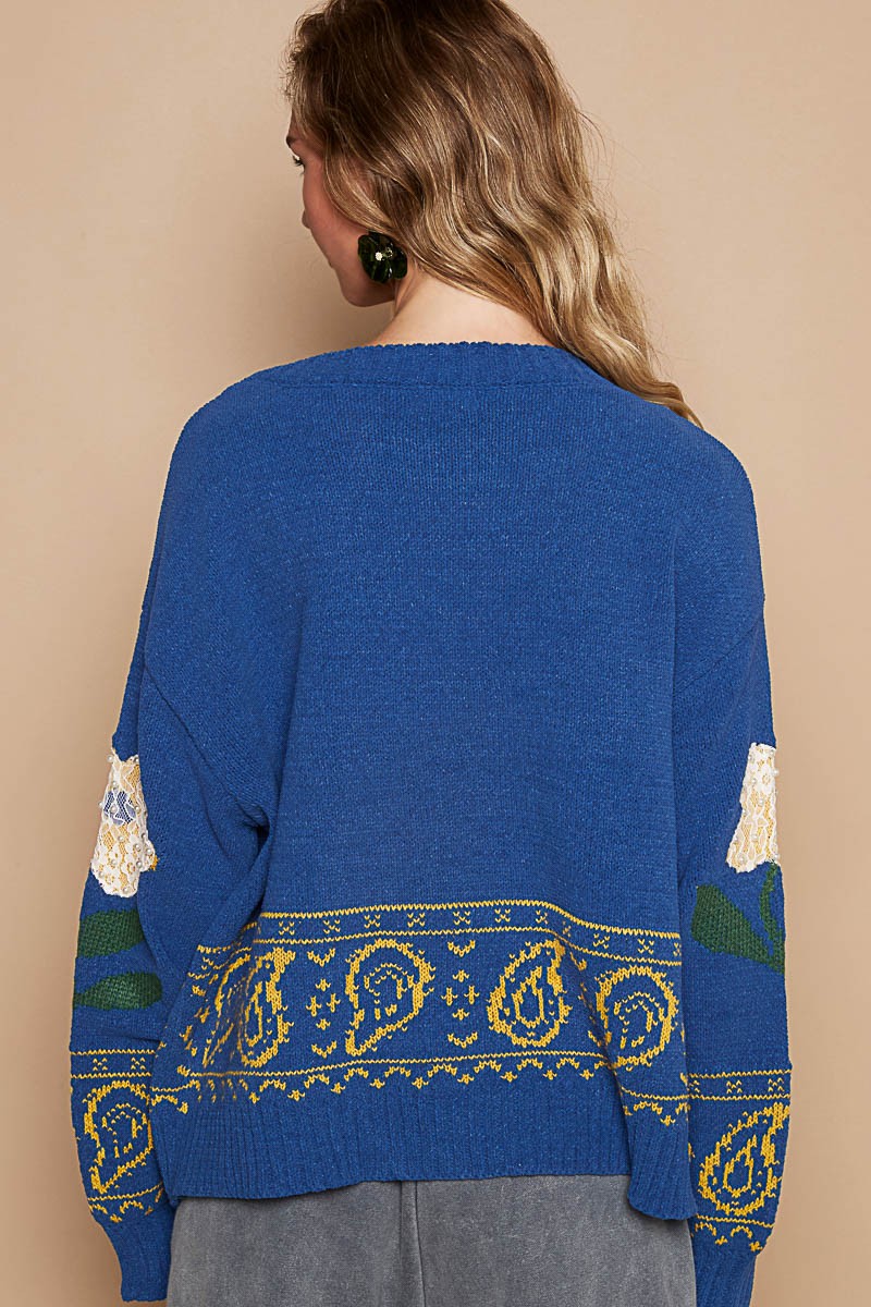 POL Flower Lace Patch Long Sleeve Sweater