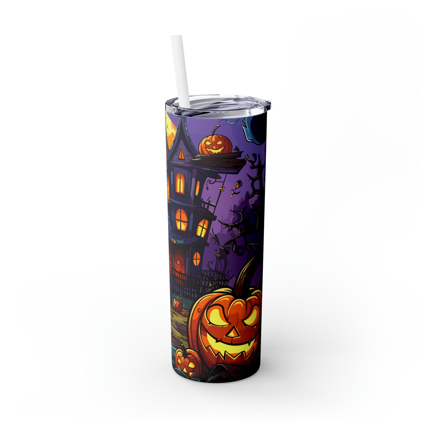 Halloween Skinny Tumbler with Straw 20oz - Spooky Drinkware, Hunted Theme, BPA-Free, Reusable Cup, Halloween Tumbler, Halloween Gift