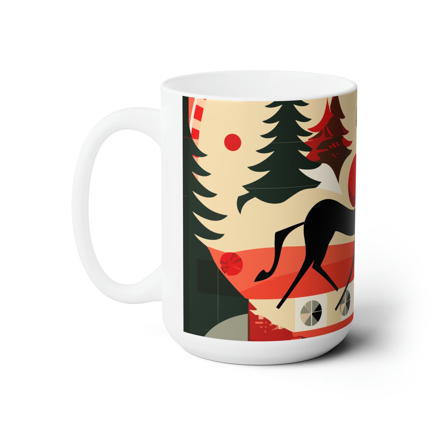 Playful reindeer in different squares, perhaps pulling Santa's sleigh, Christmas Ceramic Mug15oz