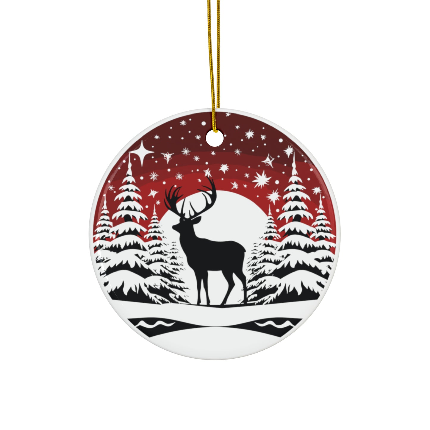 Reindeer with Black Canada maple leaf and crystal snow Fallin Christmas Ceramic Ornaments (1pc, 3pcs, 5pcs, 10pcs)