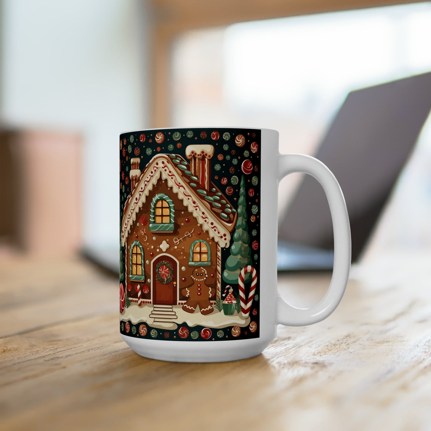 Gingerbread house patterns and candy canes for a sweet and festive look Ceramic Mug15oz