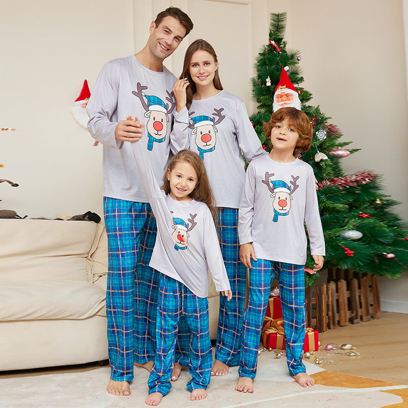 Christmas Cartoon Deer Head Blue Plaid Crew Neck Long Sleeve Pajamas Suit