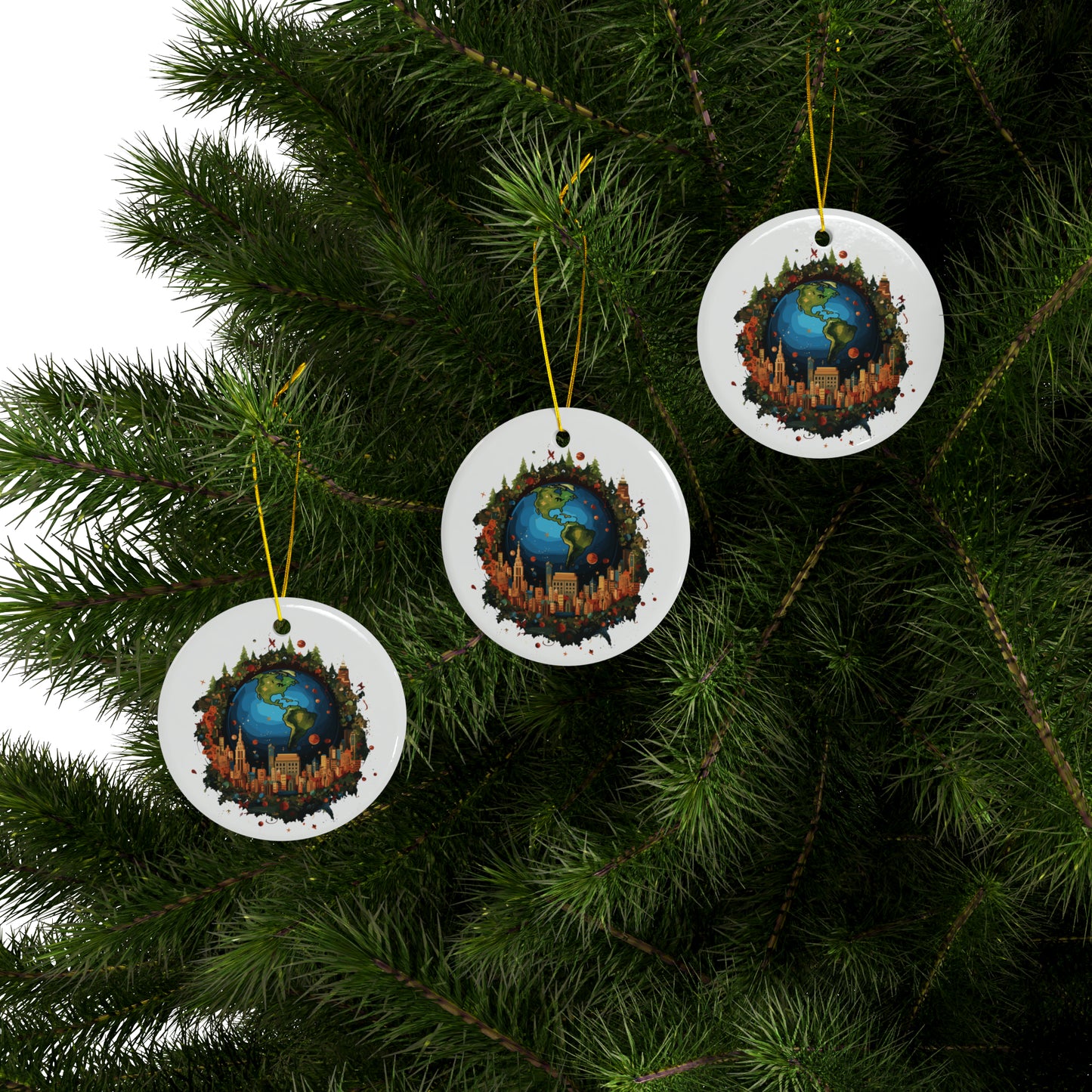 Earth in Christmas decorations and a big Christmas tree, white Ceramic Ornaments (1pc, 3pcs, 5pcs, 10pcs)