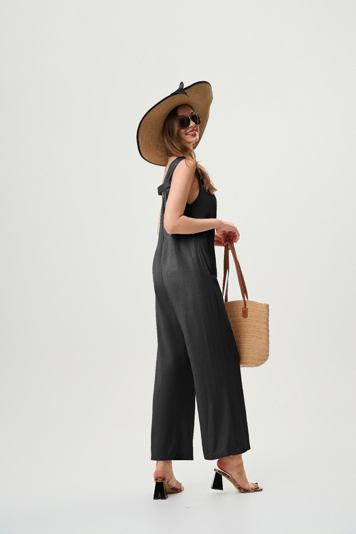 Women's Linen Jumpsuit - Comfortable And Breathable, Elastic Back With Classic H-Line Design And Pockets, Available In Black Apricot And Orange Red