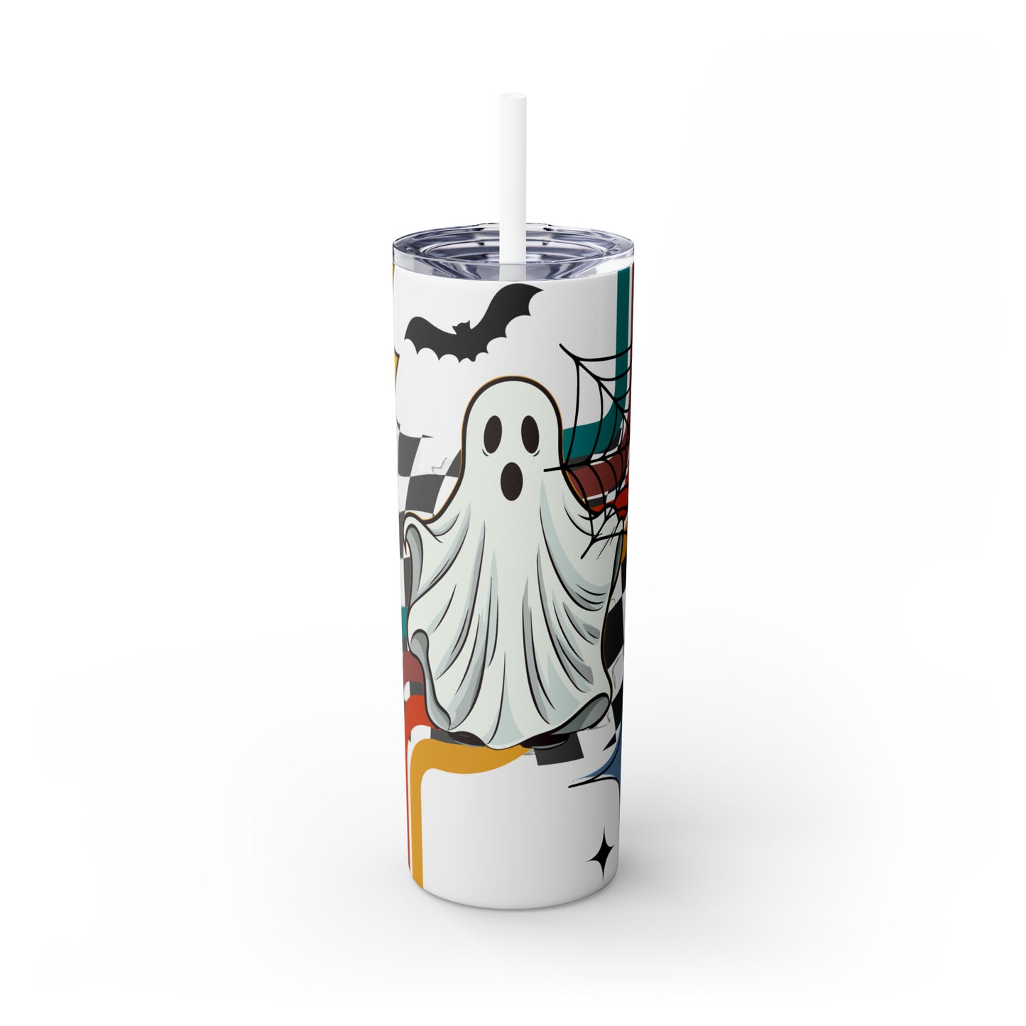 Halloween Skinny Tumbler with Straw 20oz - Spooky Drinkware - Ghost Theme - BPA-Free, Reusable Cup, Halloween Tumbler, Halloween Gift