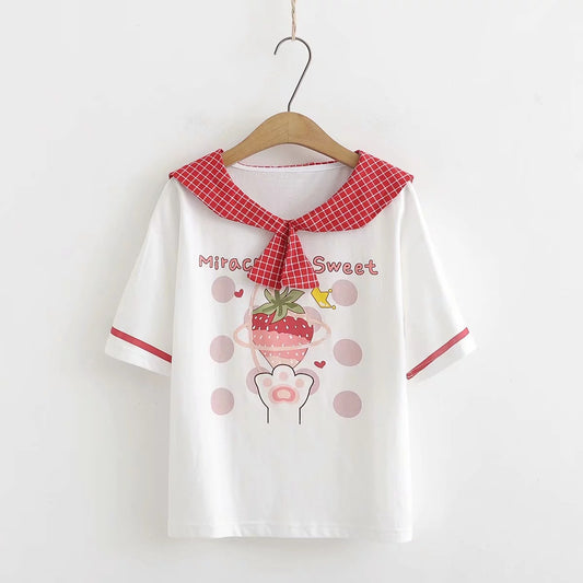 Strawberry cat paw short sleeve women's T-shirt