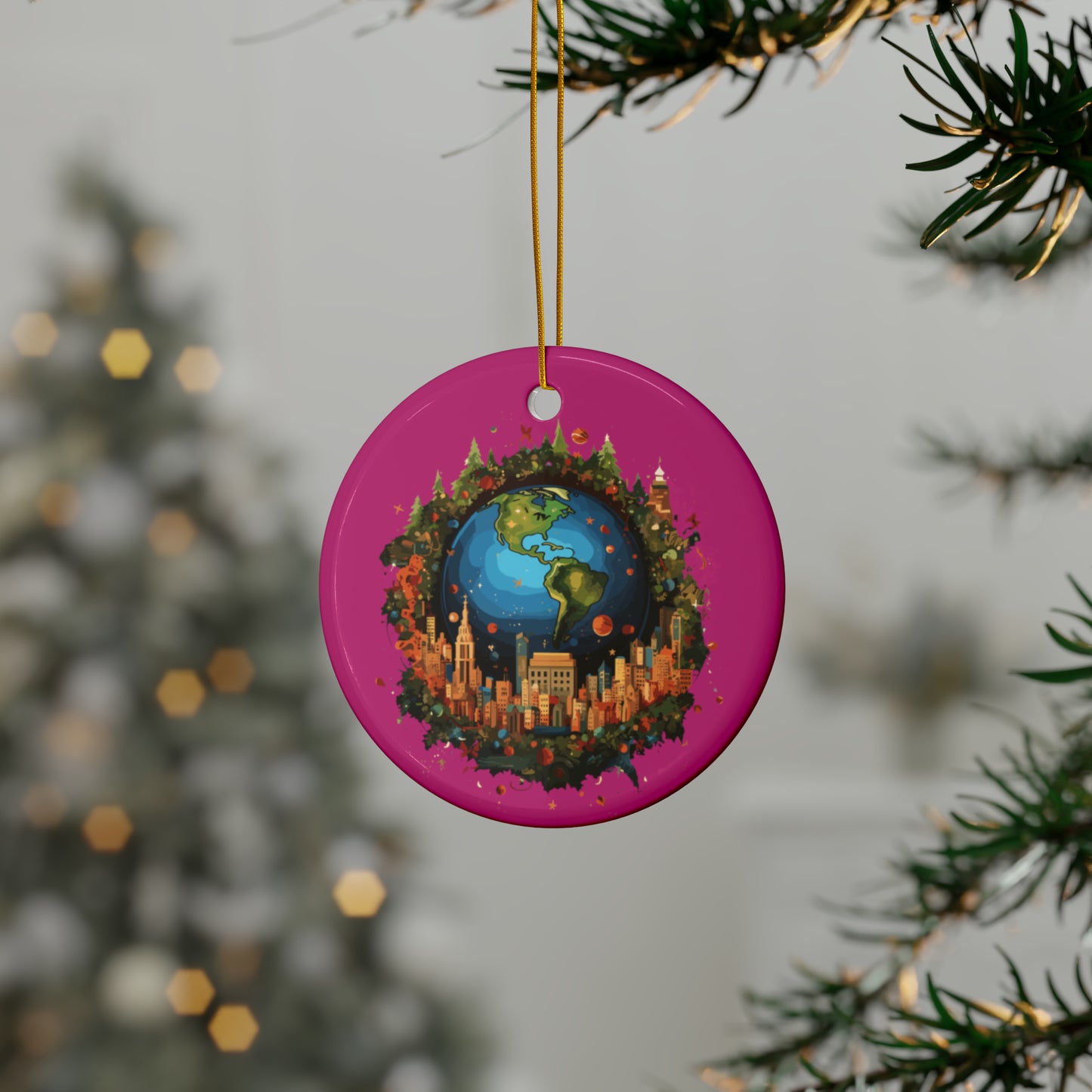 Earth in Christmas decorations and a big Christmas tree, Pink Ceramic Ornaments (1pc, 3pcs, 5pcs, 10pcs)