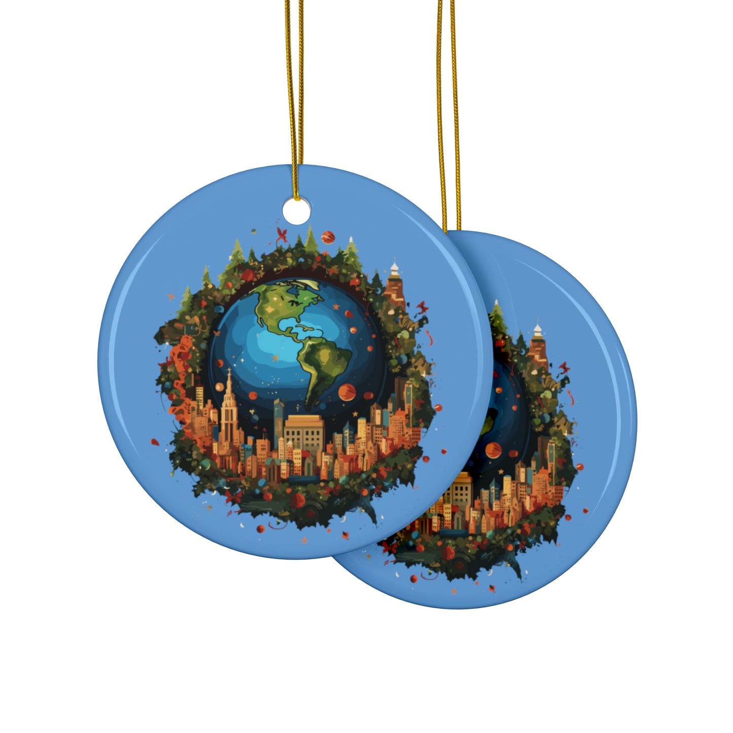 Earth in Christmas decorations and a big Christmas tree, Light blue Ceramic Ornaments (1pc, 3pcs, 5pcs, 10pcs)