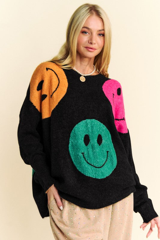 Davi & Dani Contrast Smile Round Neck Oversize Sweater