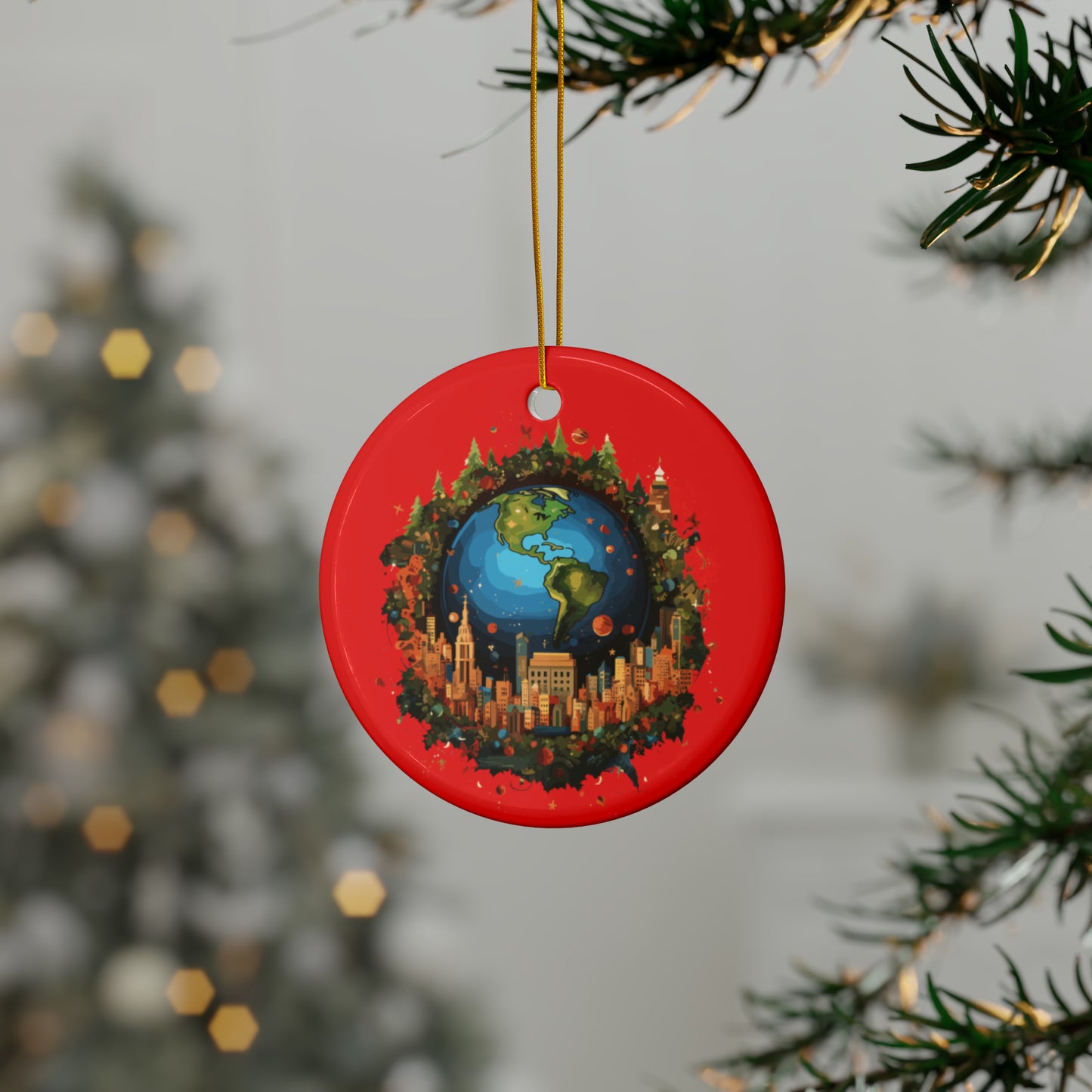 Earth in Christmas decorations and a big Christmas tree, red Ceramic Ornaments (1pc, 3pcs, 5pcs, 10pcs)