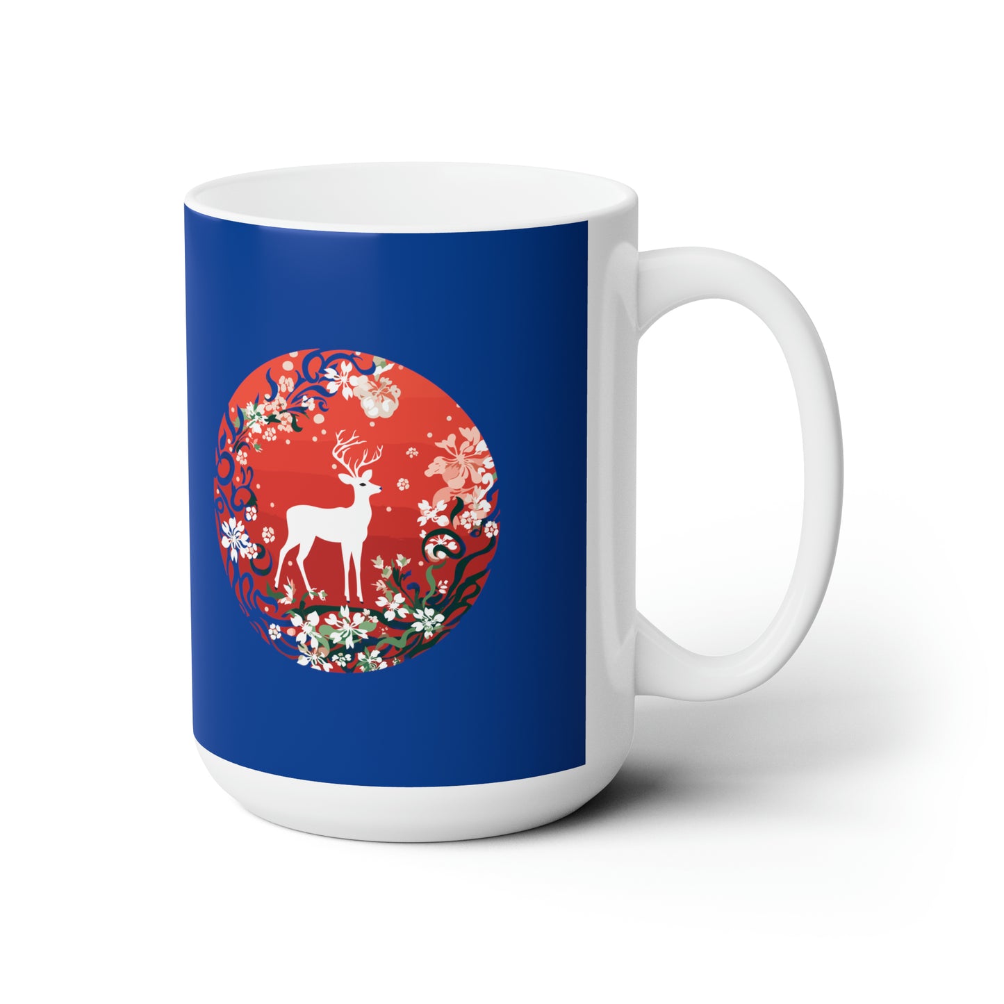 Holly Jolly reindeer in flourish mood, dark blue Christmas Ceramic Mug 15oz