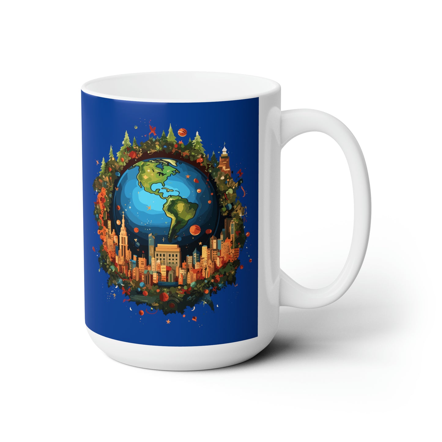 Earth in Christmas decorations and a big Christmas tree, dark blue Ceramic Mug 15oz