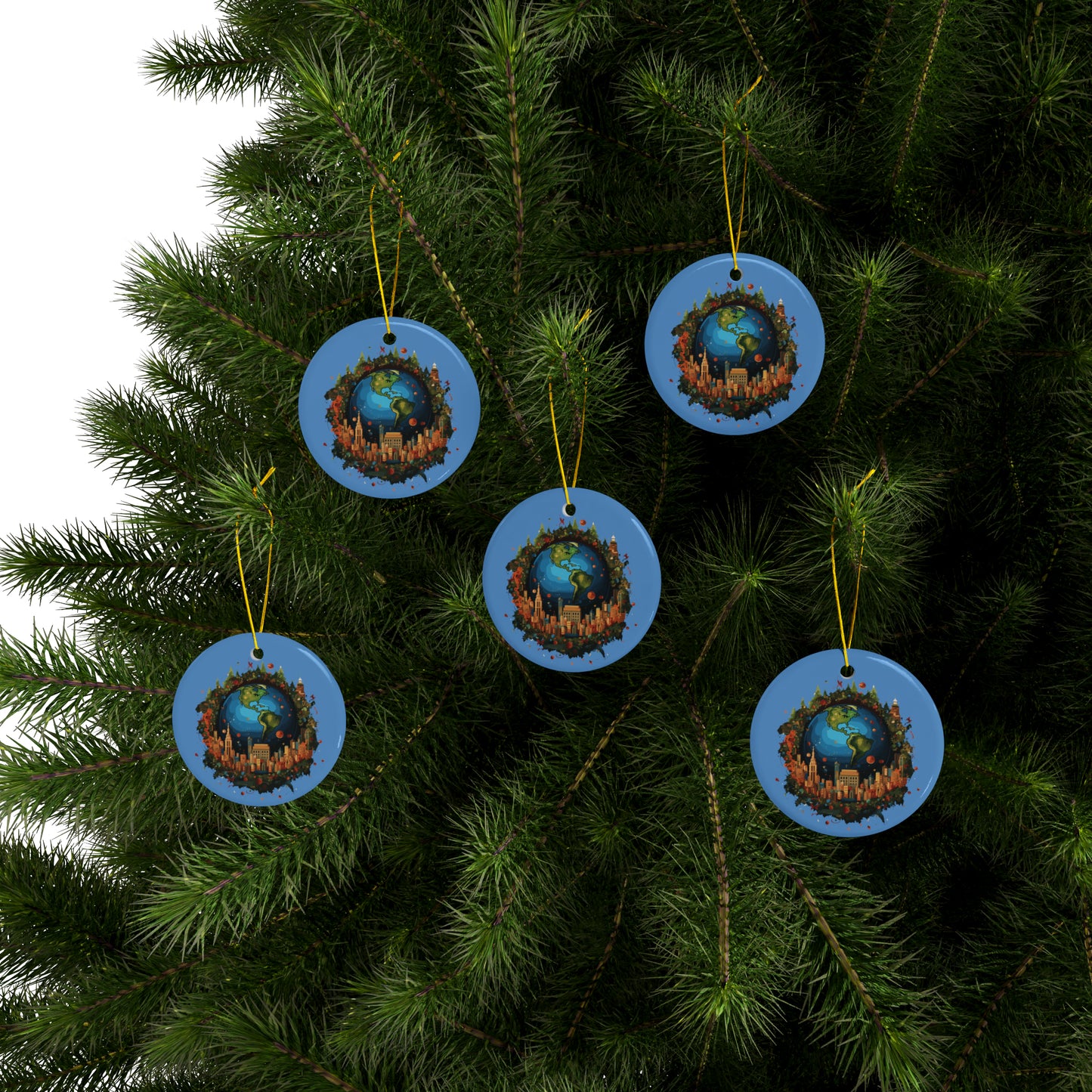 Earth in Christmas decorations and a big Christmas tree, Light blue Ceramic Ornaments (1pc, 3pcs, 5pcs, 10pcs)