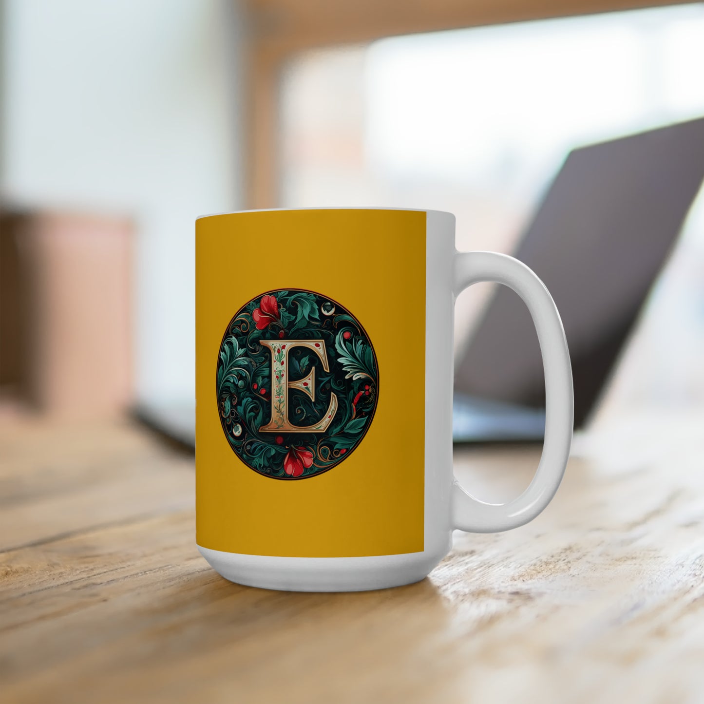 Christmas colorful Alphabet E design yellow Ceramic Mug 15oz