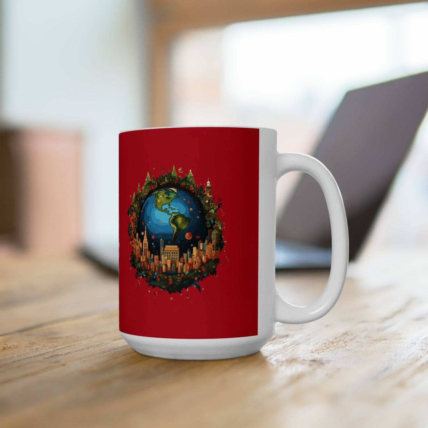 Earth in Christmas decorations and a big Christmas tree, dark red Ceramic Mug 15oz