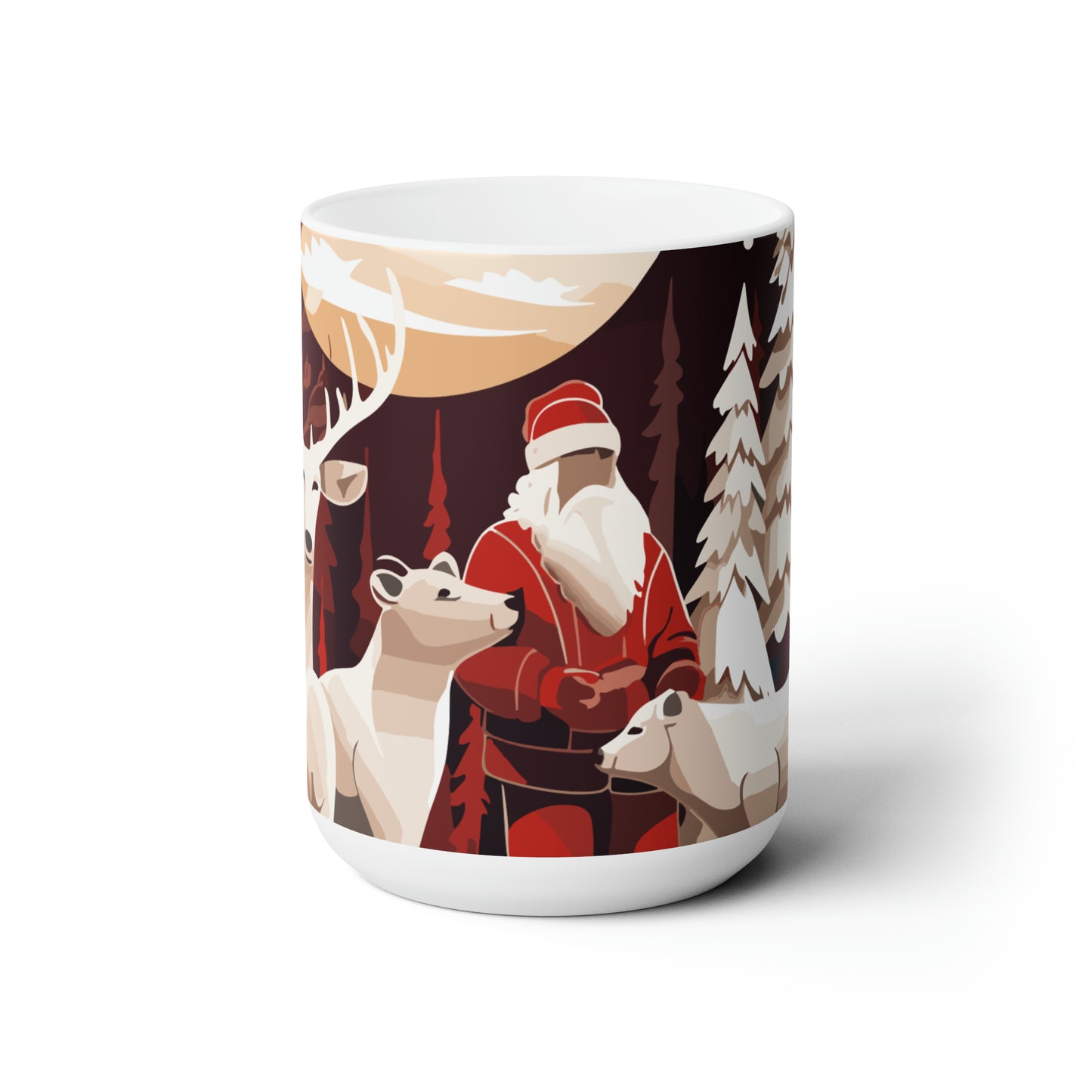 White reindeer, bear and Santa with happy mood in Christmas Ceramic Mug15oz