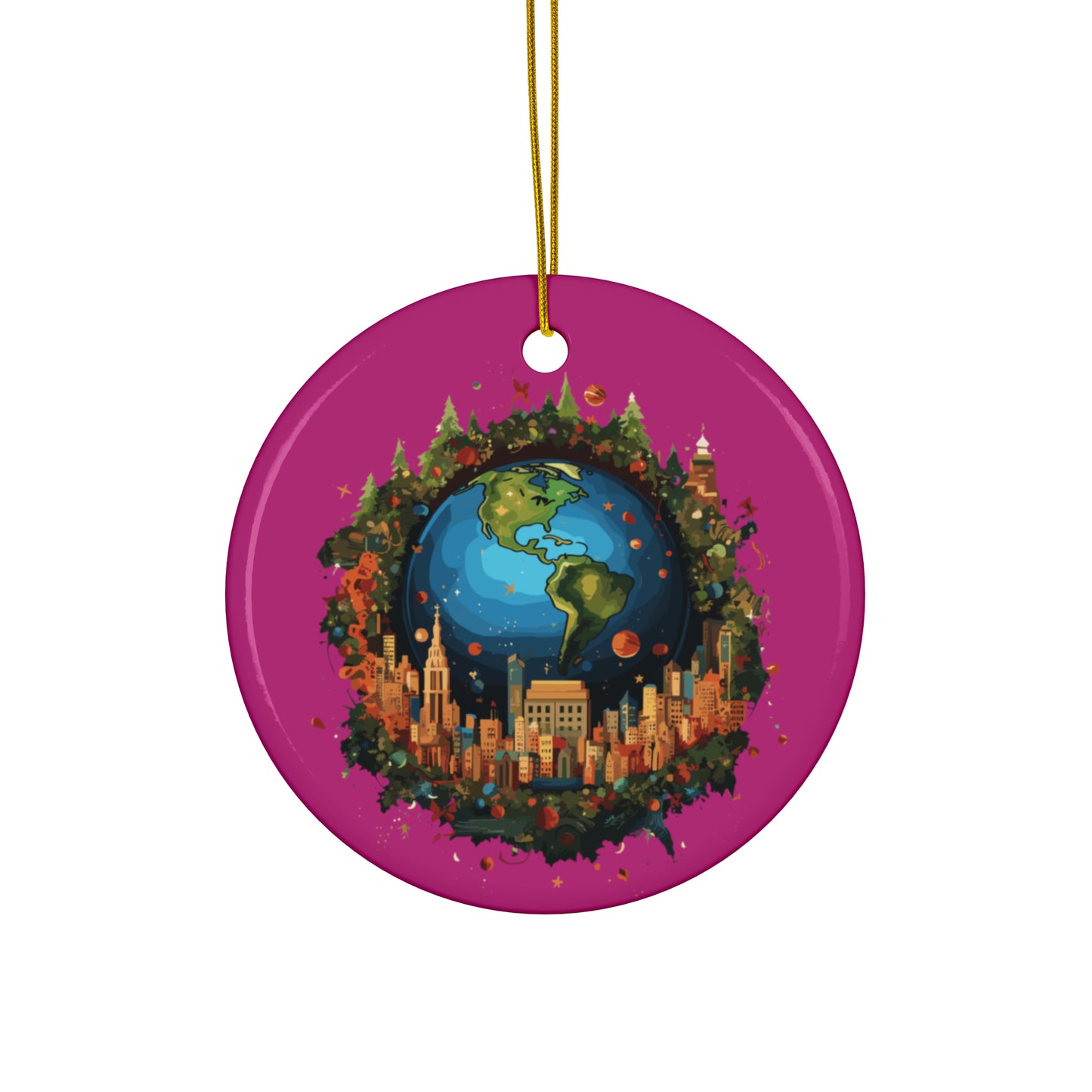 Earth in Christmas decorations and a big Christmas tree, Pink Ceramic Ornaments (1pc, 3pcs, 5pcs, 10pcs)