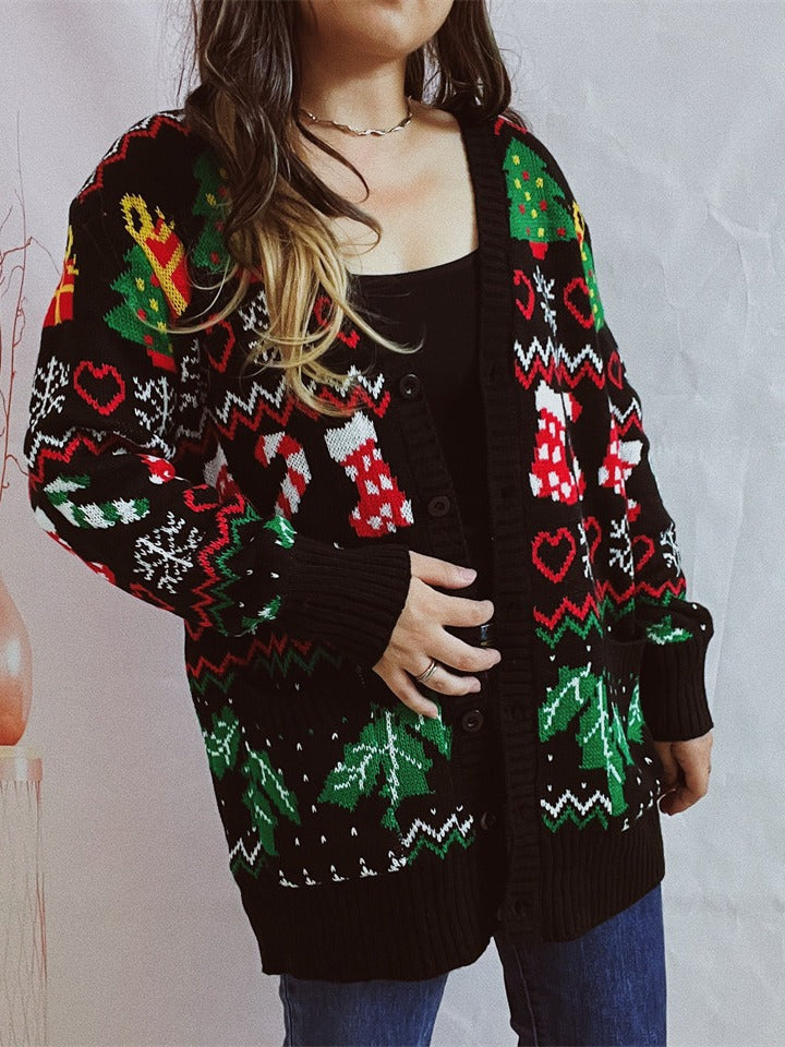 Women's Fashion Single-breasted V-neck Christmas Theme Knitted Sweater