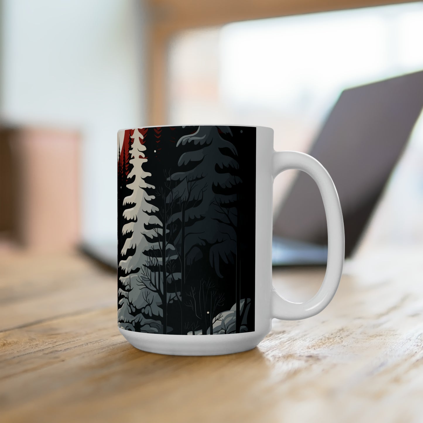 White Christmas house in forest with Christmas tree Ceramic Mug15oz