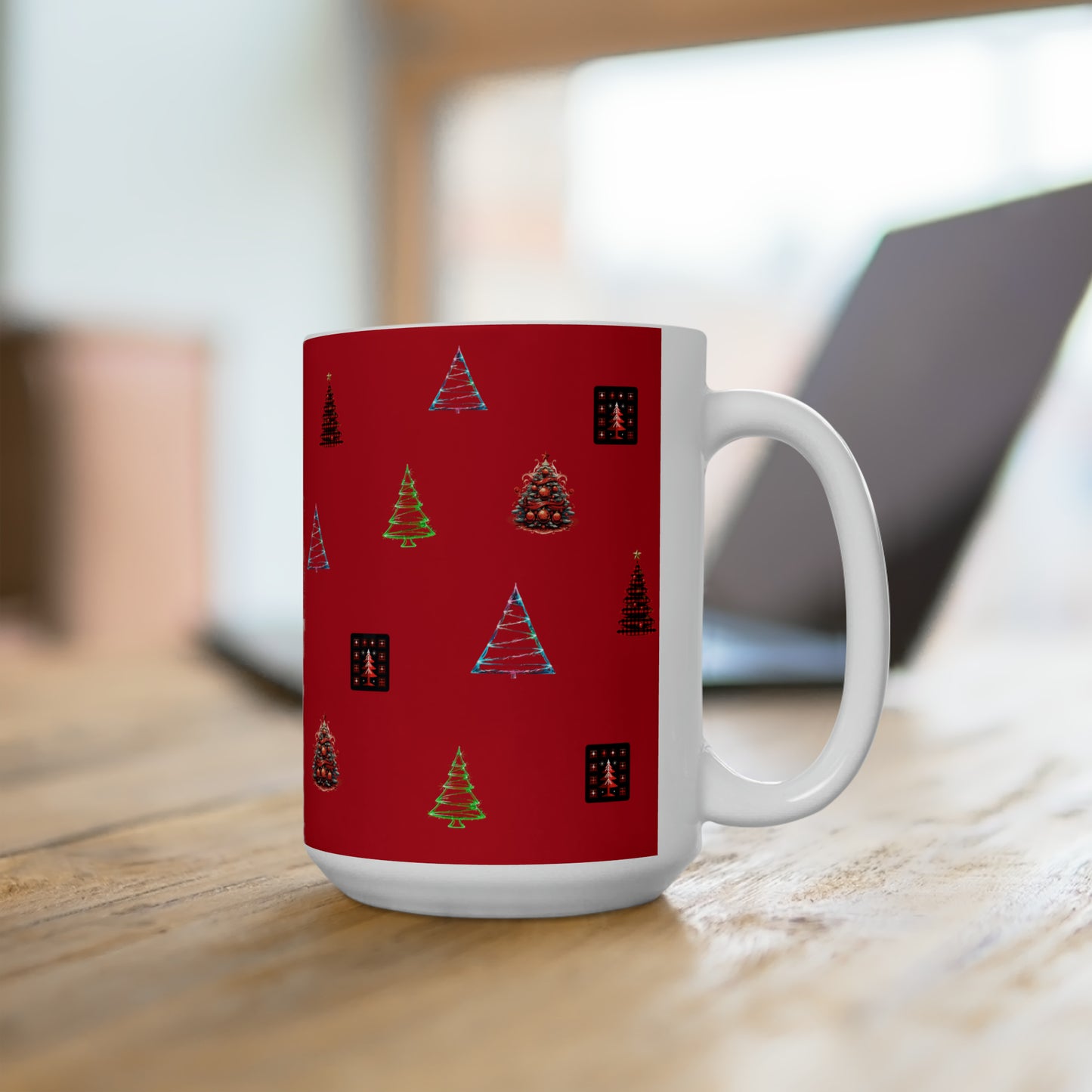 Christmas tree colorful design Dark red Ceramic Mug15oz