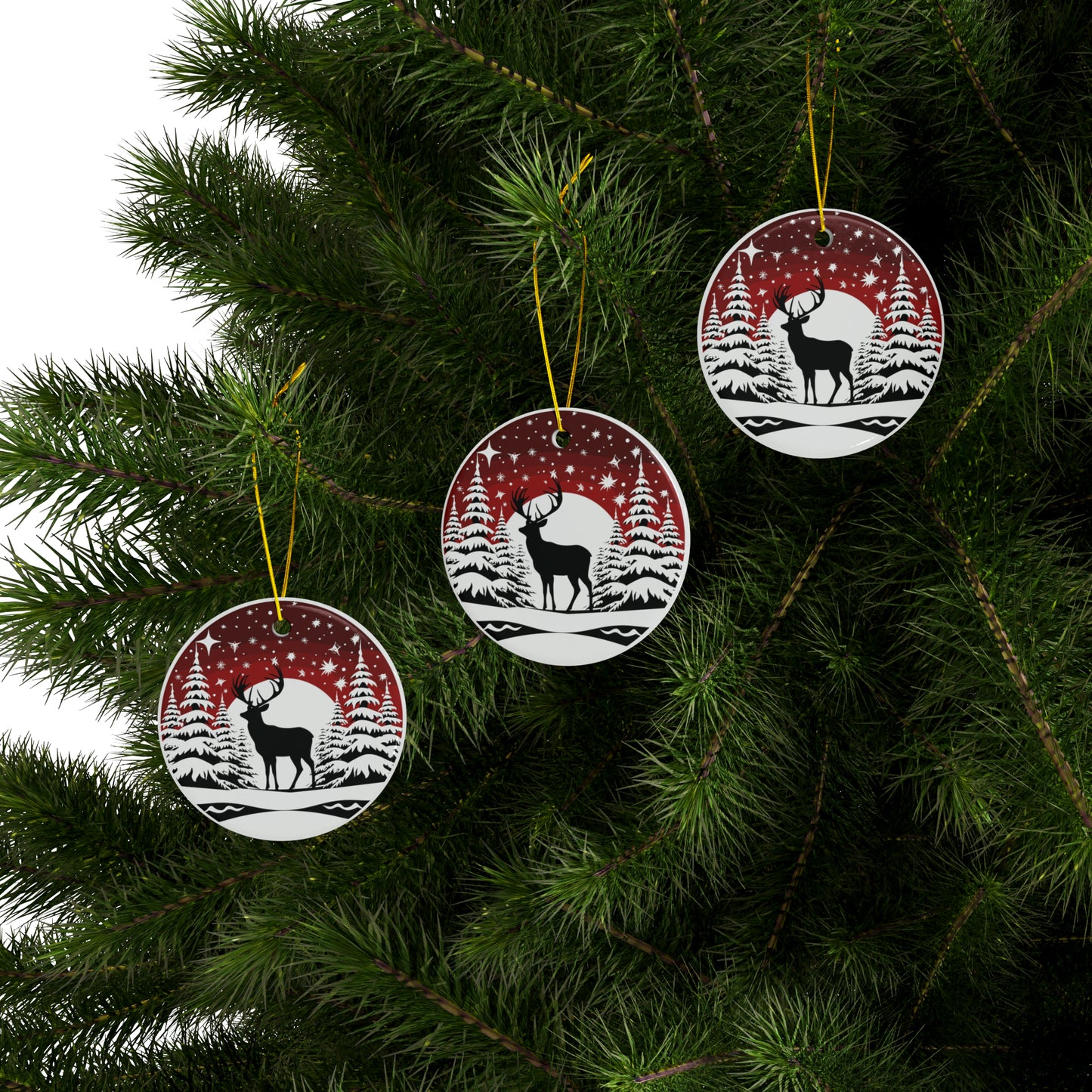 Reindeer with Black Canada maple leaf and crystal snow Fallin Christmas Ceramic Ornaments (1pc, 3pcs, 5pcs, 10pcs)