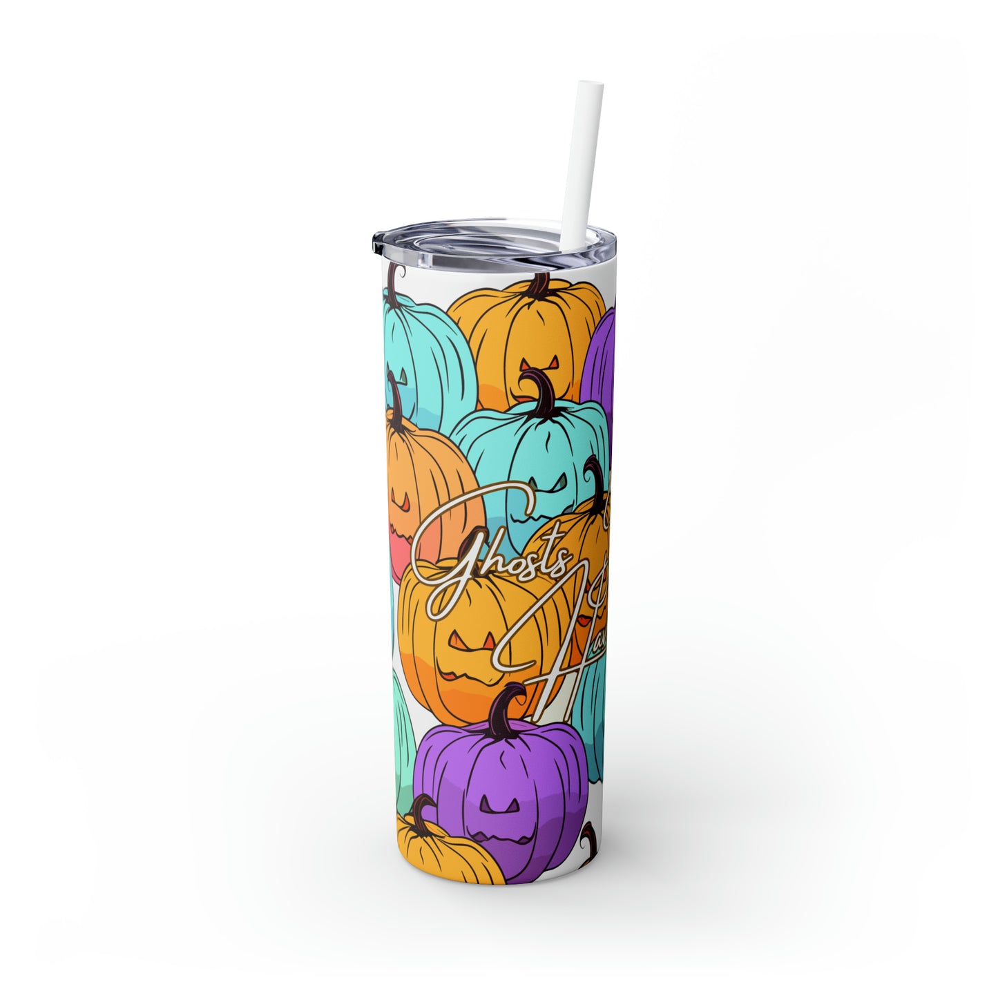 Halloween Skinny Tumbler with Straw 20oz - Spooky Drinkware - Pumpkin Theme, BPA-Free, Reusable Cup, Halloween Tumbler, Halloween Gift