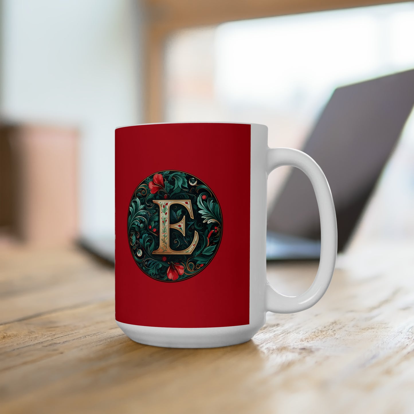 Christmas colorful Alphabet E design dark red Ceramic Mug 15oz