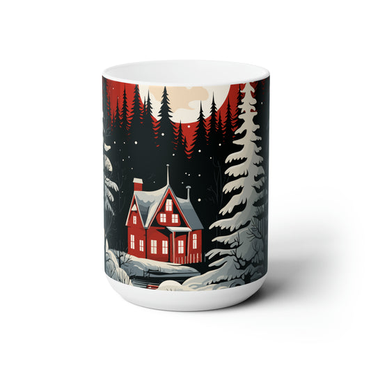 White Christmas house in forest with Christmas tree Ceramic Mug15oz