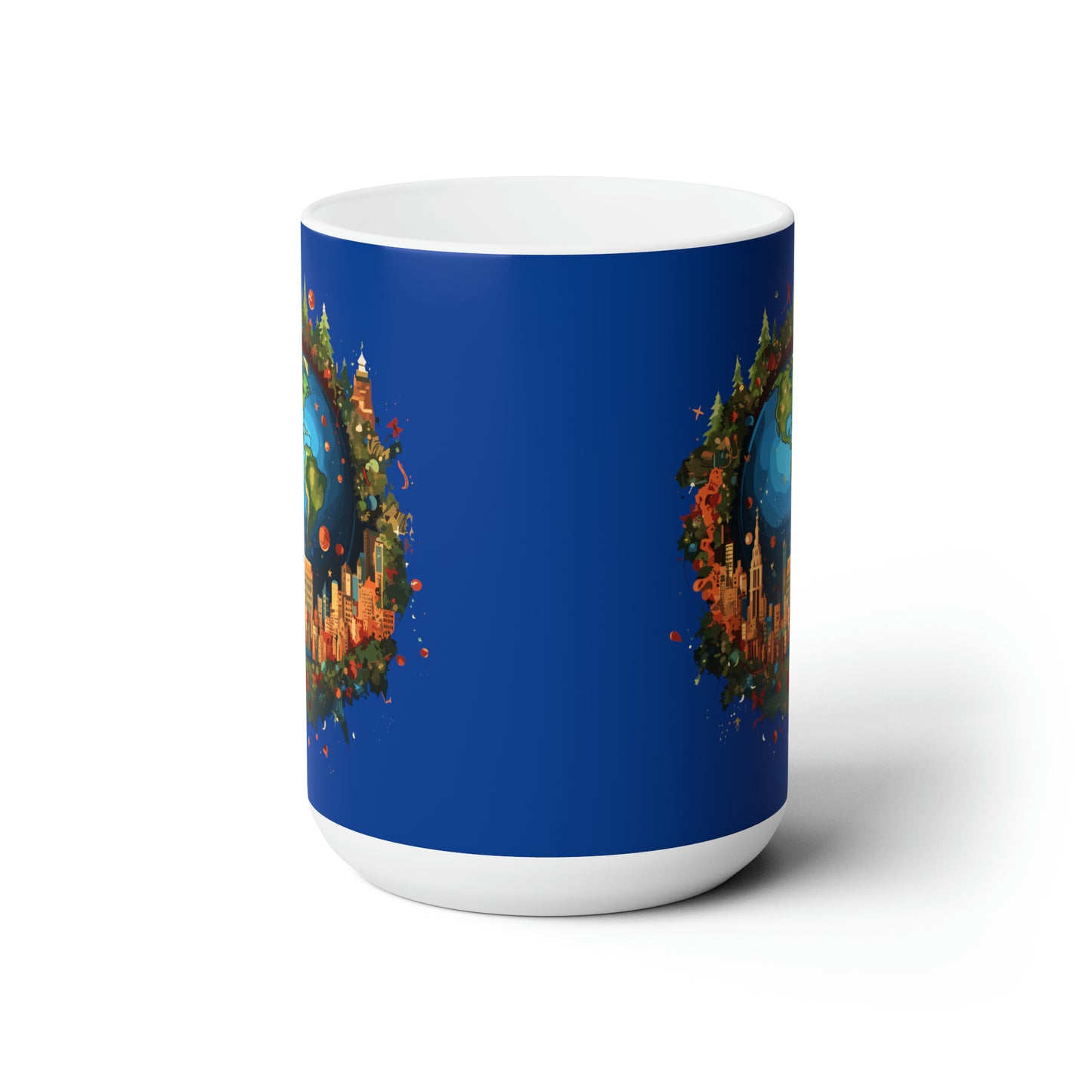 Earth in Christmas decorations and a big Christmas tree, dark blue Ceramic Mug 15oz